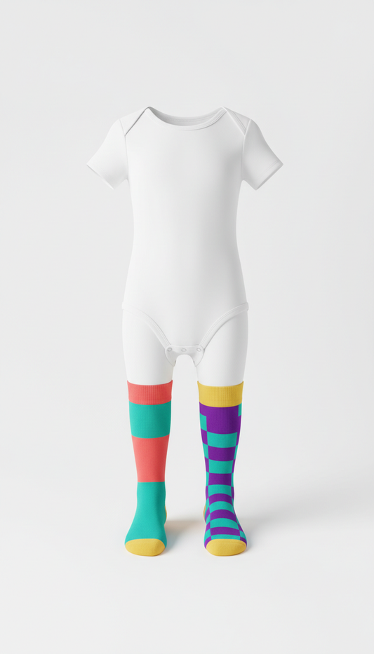 Bright white snap bodysuit with bold socks
